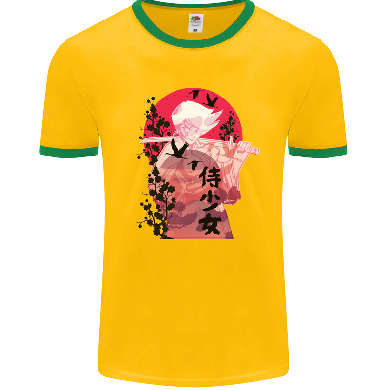 Anime Samurai Woman With Sword Mens White Ringer T-Shirt Gold/Green