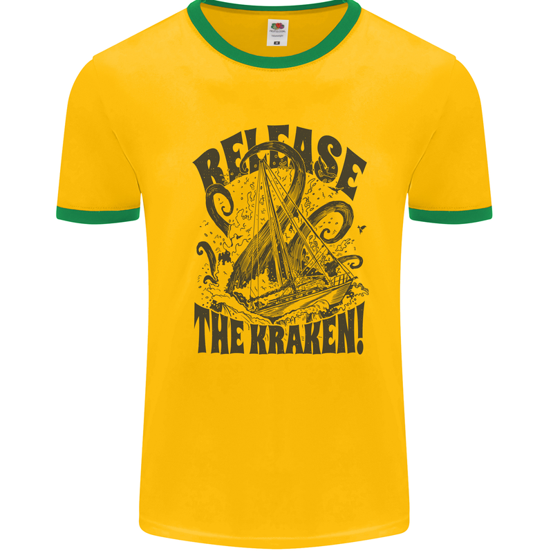 Release the Kraken Cthulhu Sea Creature Mens White Ringer T-Shirt Gold/Green