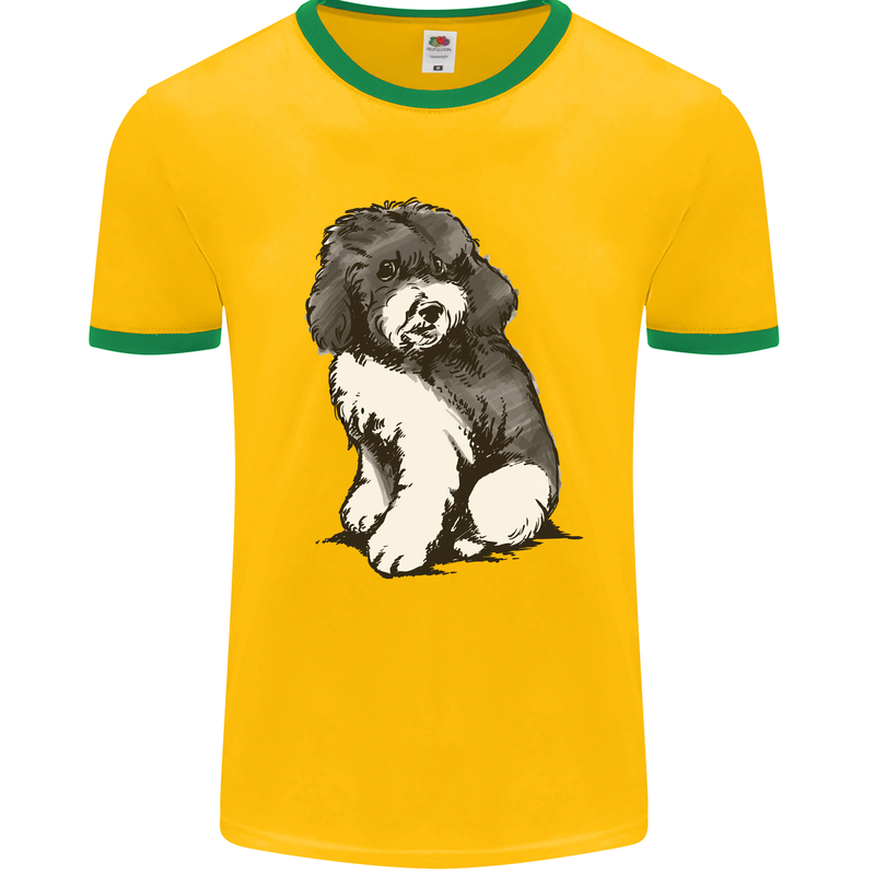 Harlequin Poodle Sketch Mens White Ringer T-Shirt Gold/Green