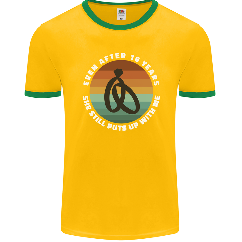16 Year Wedding Anniversary 16th Marriage Mens Ringer T-Shirt FotL Gold/Green