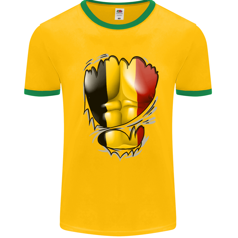 Gym Belgian Flag Ripped Muscles Belgium Mens White Ringer T-Shirt Gold/Green