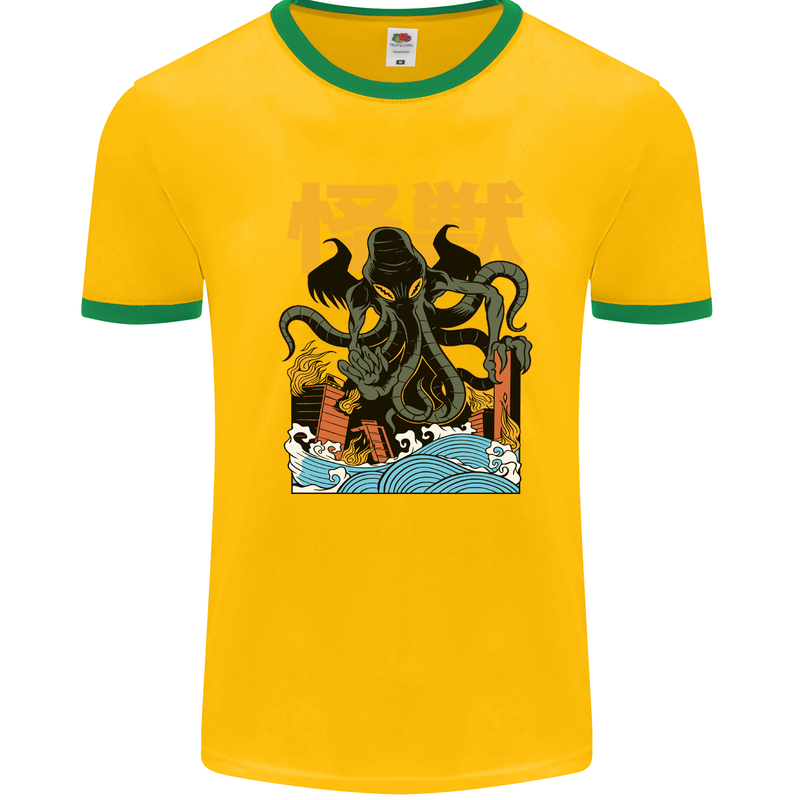 Cthulhu Japanese Anime Kraken Mens White Ringer T-Shirt Gold/Green