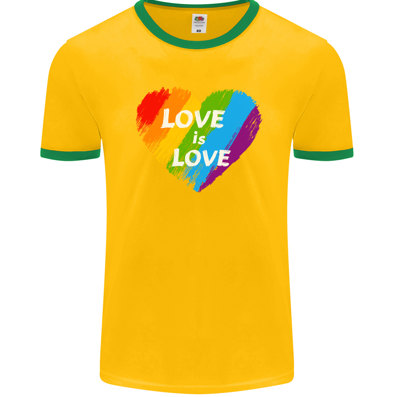 LGBT Love Is Love Gay Pride Day Awareness Mens Ringer T-Shirt FotL Gold/Green