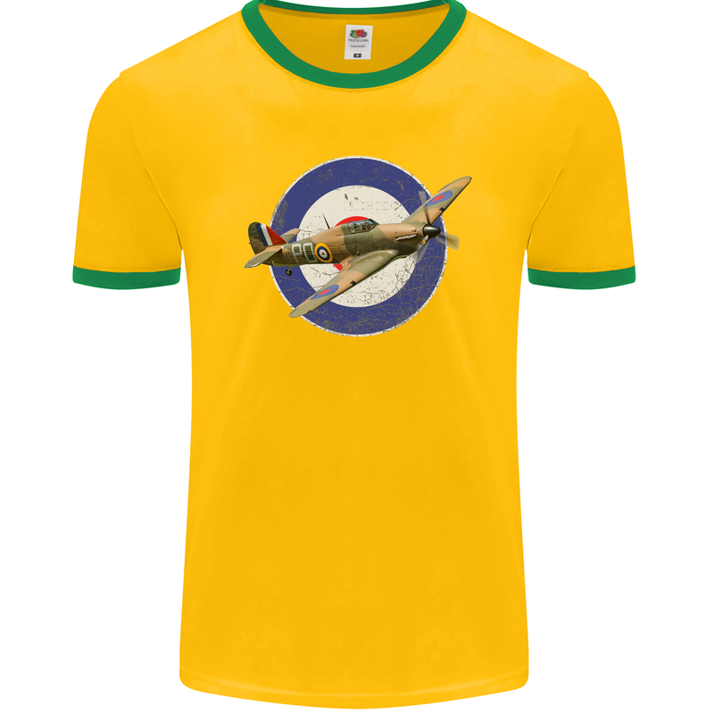 Hawker Hurricane With RAF Ensign Mens Ringer T-Shirt FotL Gold/Green