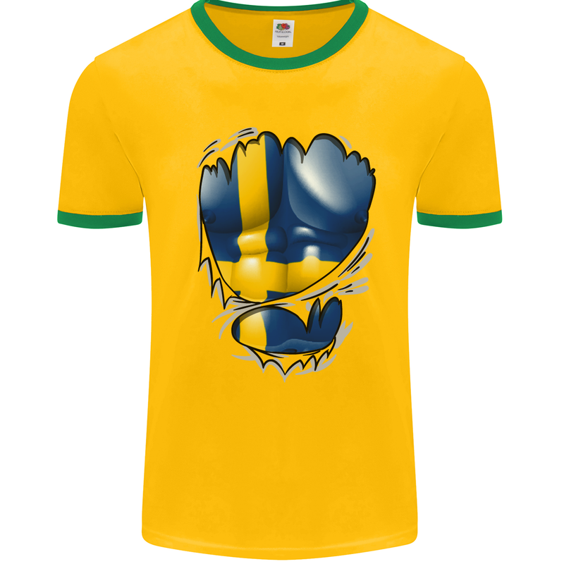 Gym Swedish Flag Ripped Muscles Sweeden Mens White Ringer T-Shirt Gold/Green