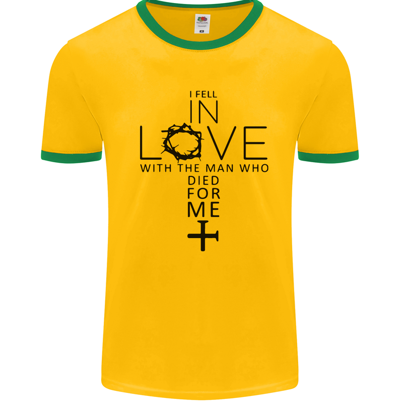In Love With the Cross Christian Christ Mens White Ringer T-Shirt Gold/Green