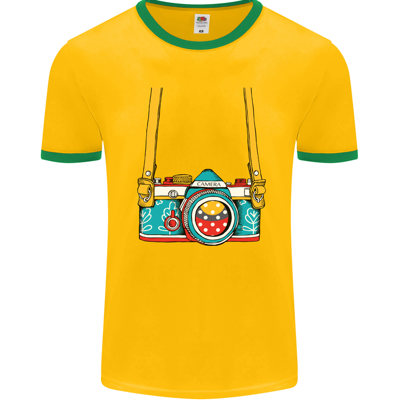 Photography Camera Around Neck Mens Ringer T-Shirt FotL Gold/Green