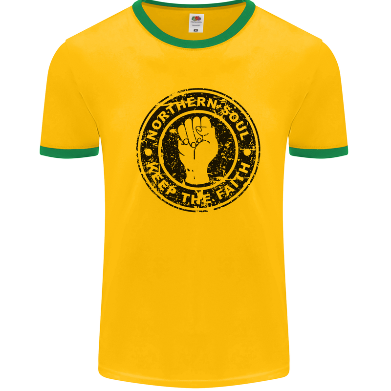 Northern Soul Keeping the Faith Mens White Ringer T-Shirt Gold/Green