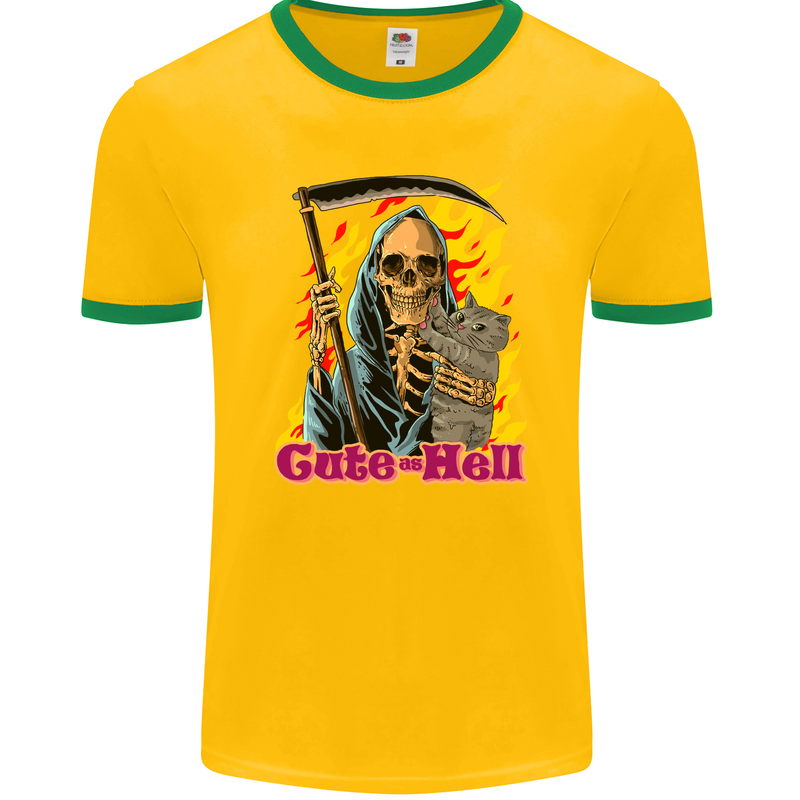 Cute Hell Cat Grim Reaper Skull Halloween Mens Ringer T-Shirt FotL Gold/Green