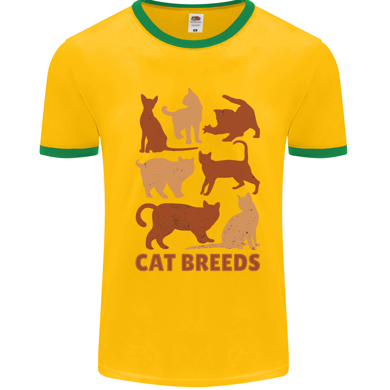 Cat Breeds Mens White Ringer T-Shirt Gold/Green