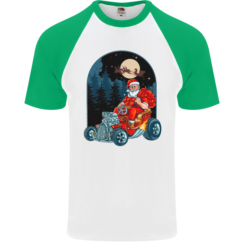 Hot Rod Santa Clause Hotrod Christmas Mens S/S Baseball T-Shirt White/Green