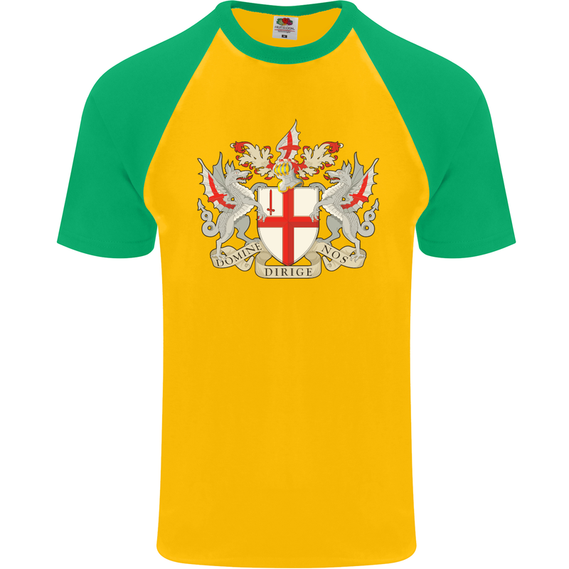 London Coat of Arms St Georges Day England Mens S/S Baseball T-Shirt Gold/Green