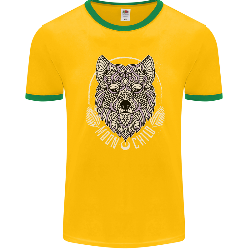 Mandala Wolf Mens Ringer T-Shirt FotL Gold/Green