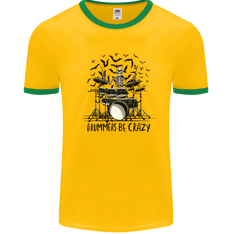 Skeleton Drummer Be Crazy Drumming Drum Mens White Ringer T-Shirt Gold/Green