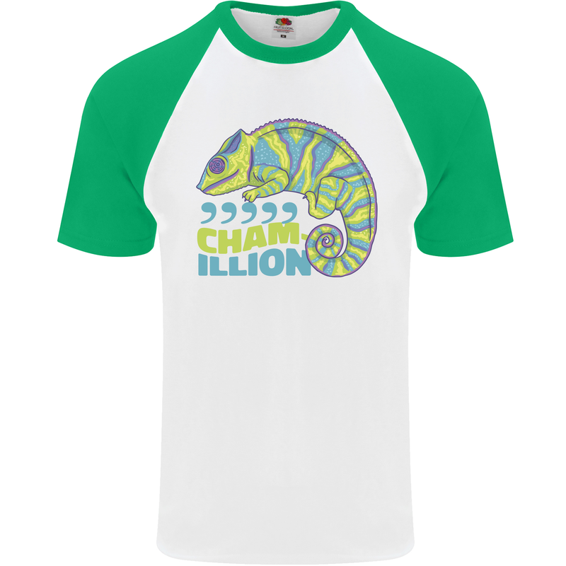 Comma Chameleon Funny Lizard Mens S/S Baseball T-Shirt White/Green