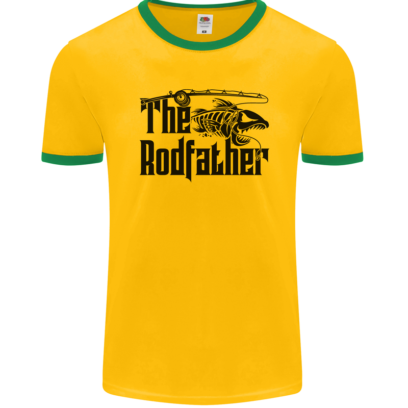 The Rodfather Funny Fishing Rod Father Mens Ringer T-Shirt FotL Gold/Green