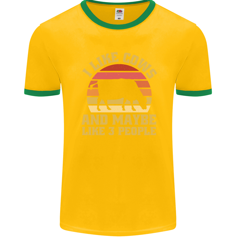 I Like Cows & 3 People Funny Sarcastic Slogan Mens Ringer T-Shirt FotL Gold/Green
