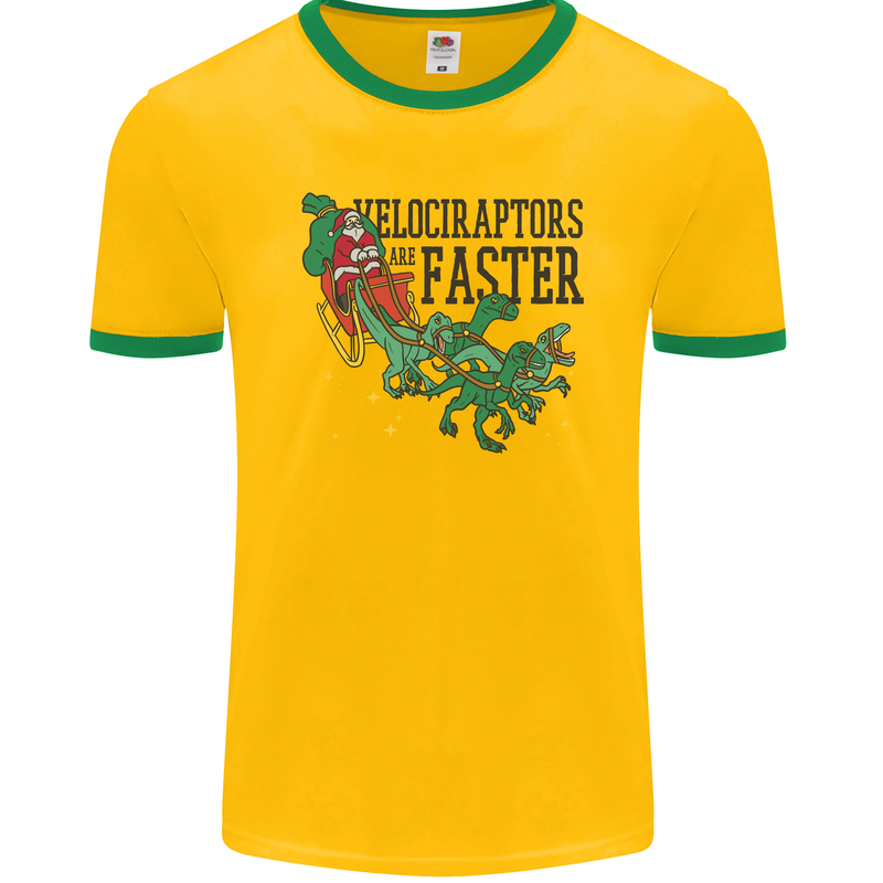 Christmas Velociraptors are Faster Dinosaur Mens Ringer T-Shirt FotL Gold/Green