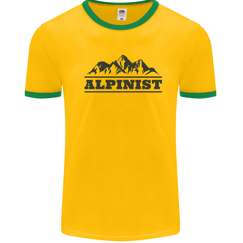 Mountains Alpinist Hiking Climbing Climber Mens White Ringer T-Shirt Gold/Green