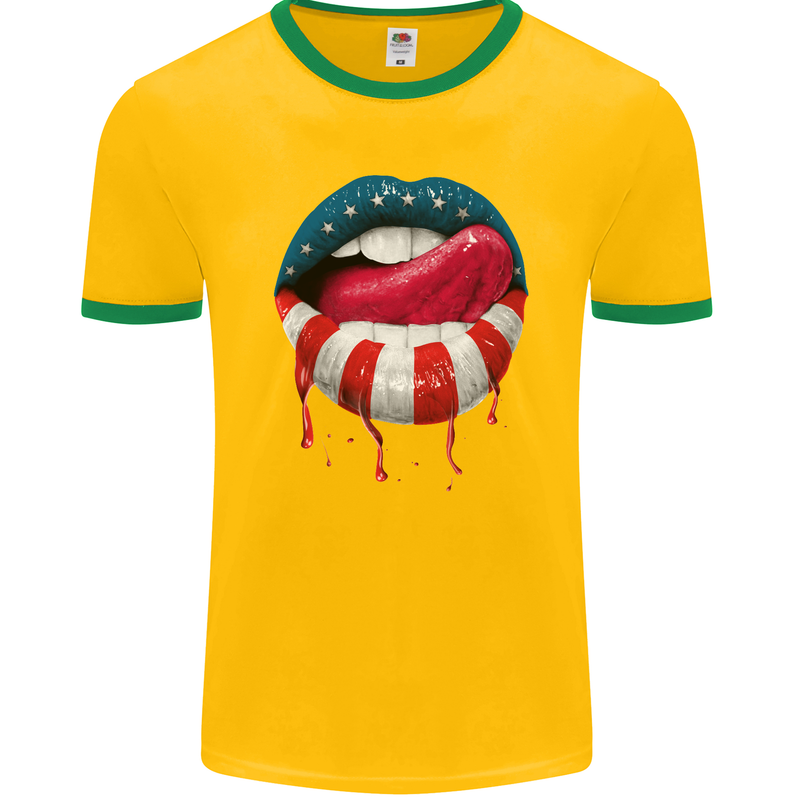 Sexy USA Flag Lips America July 4th Mens Ringer T-Shirt FotL Gold/Green