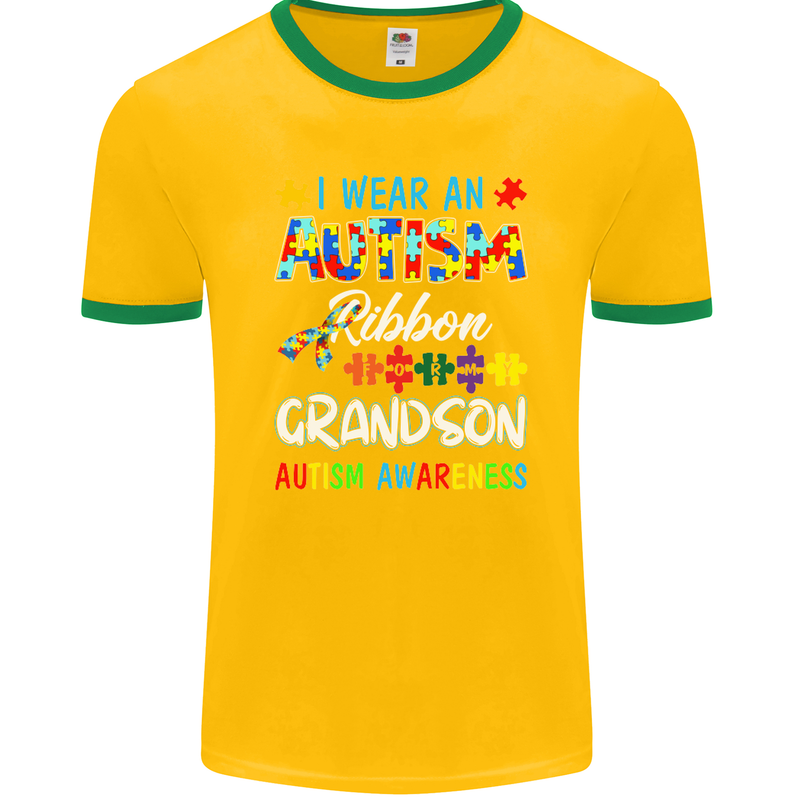 Autism Ribbon For My Grandson Autistic ASD Mens Ringer T-Shirt FotL Gold/Green