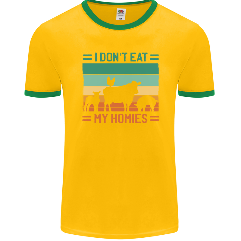 I Don't Eat My Homies Funny Vegan Vegetarian Mens Ringer T-Shirt FotL Gold/Green