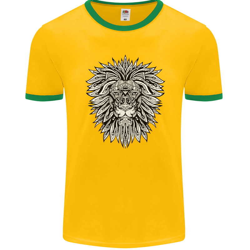 Lion Mandala Art Mens Ringer T-Shirt FotL Gold/Green