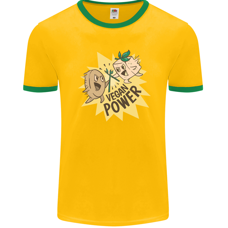 Vegan Power Funny Mens Ringer T-Shirt FotL Gold/Green