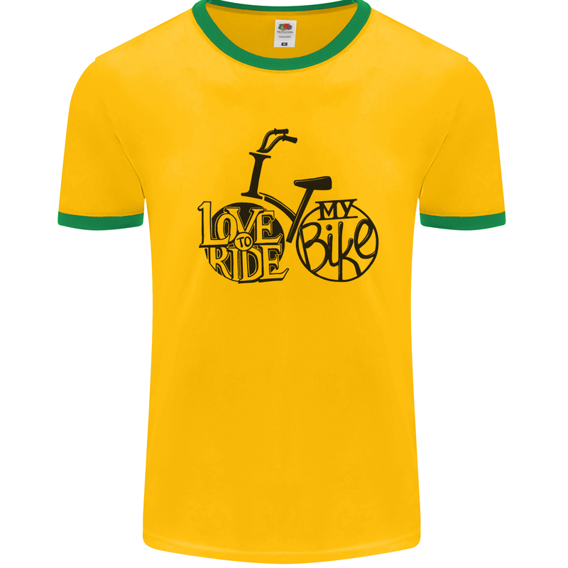 I Love to Ride My Bike Cycling Funny Mens White Ringer T-Shirt Gold/Green