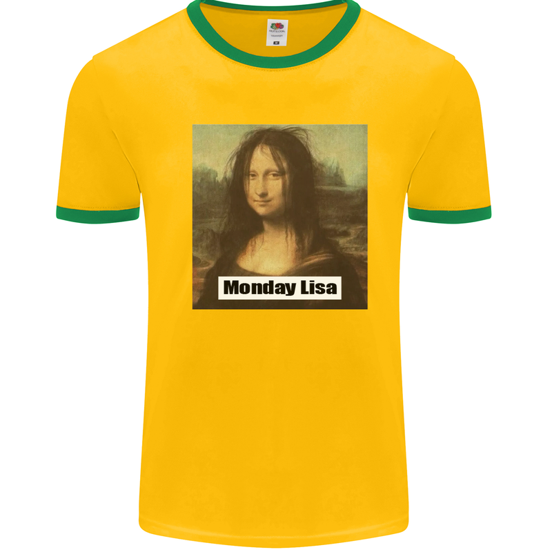 Mona Lisa Parody Monday Lisa Mens White Ringer T-Shirt Gold/Green