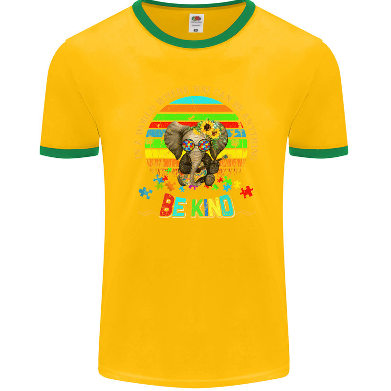 Autism Be Kind Elephant Autistic Mens Ringer T-Shirt FotL Gold/Green