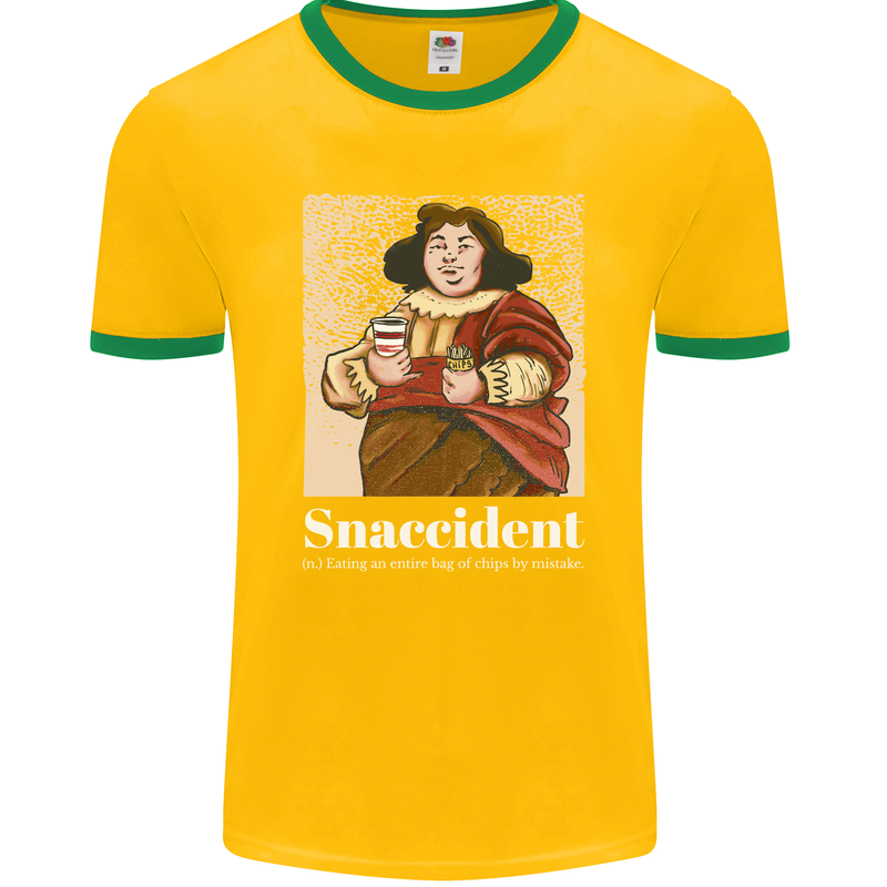 Snaccident Funny Diet  Junk FoodWeight Loss Mens Ringer T-Shirt FotL Gold/Green