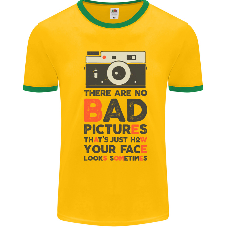 Photography Your Face Funny Photographer Mens White Ringer T-Shirt Gold/Green