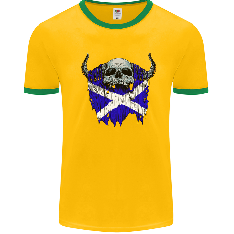 Scotland Flag Skull Scottish Biker Gothic Mens White Ringer T-Shirt Gold/Green