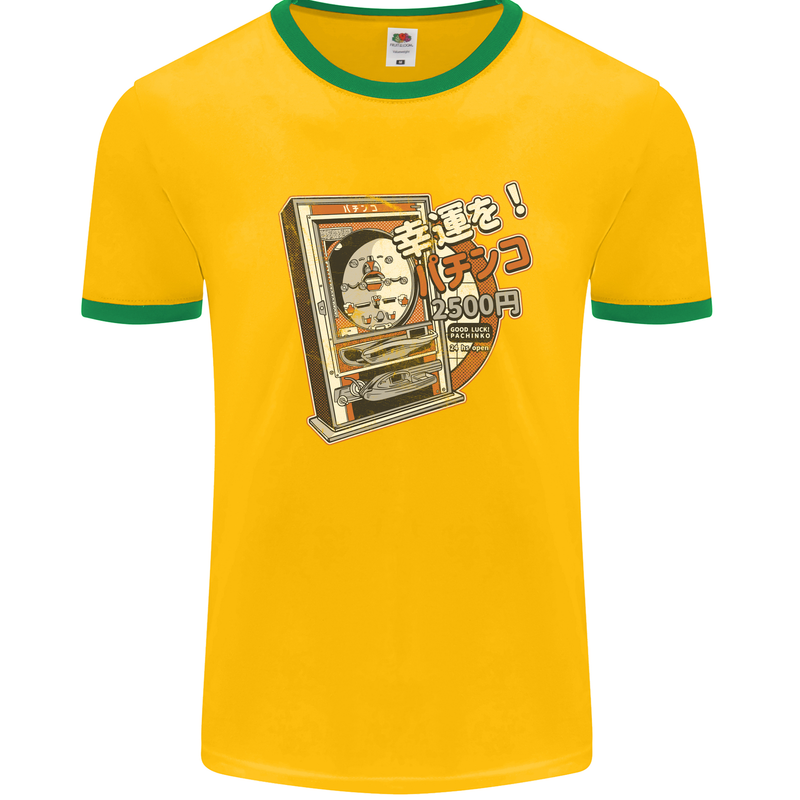 Pachinko Machine Arcade Game Pinball Mens White Ringer T-Shirt Gold/Green