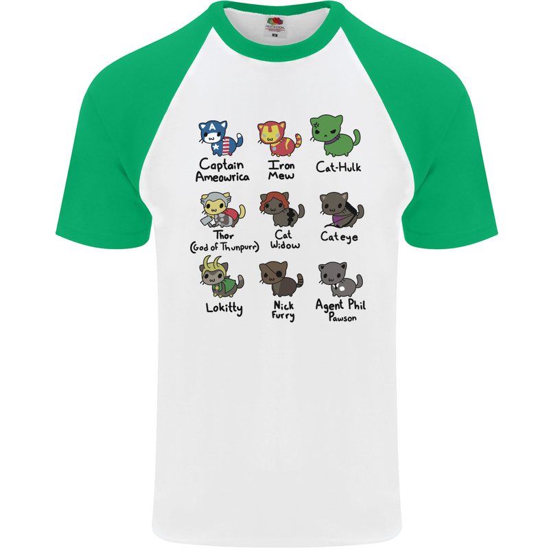 Funny Cat Superheroes Mens S/S Baseball T-Shirt White/Green