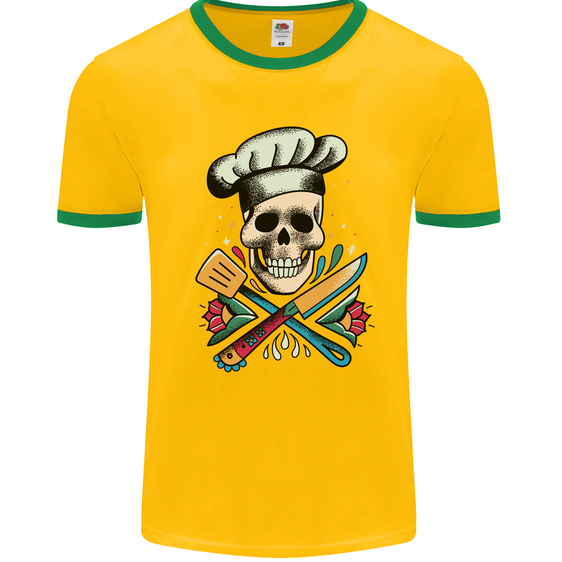 Chef Skull Mens White Ringer T-Shirt Gold/Green