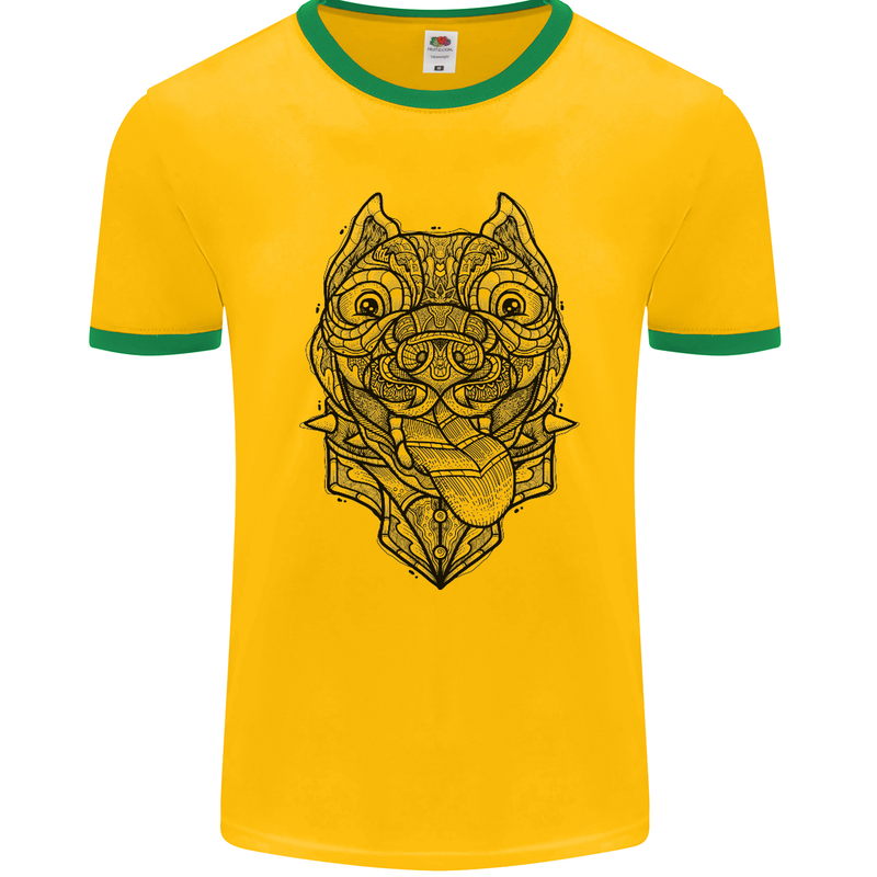 Pitbull Mandala Art Dog Lover Mens Ringer T-Shirt FotL Gold/Green