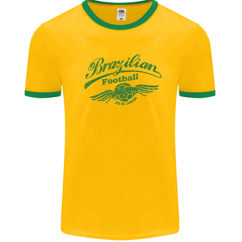 Brazilian Football Team Brazil Mens White Ringer T-Shirt Gold/Green