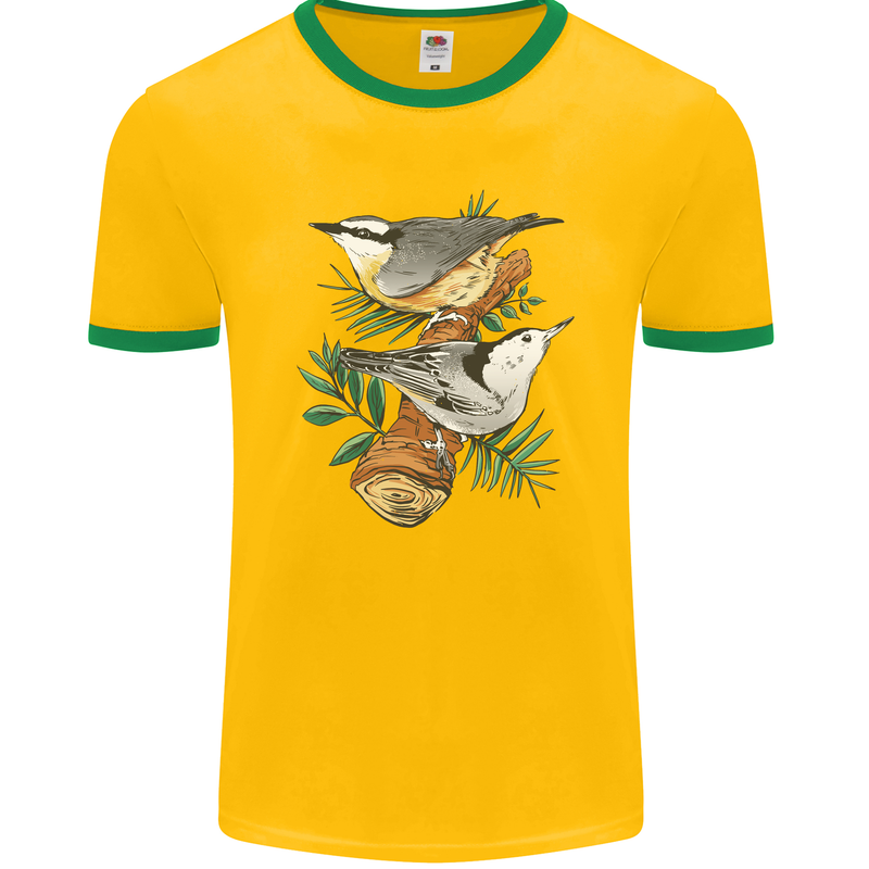 Nuthatch Garden Bird Watching Mens Ringer T-Shirt FotL Gold/Green