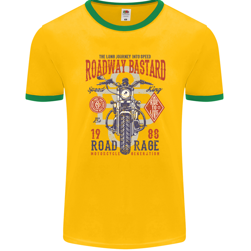 Roadway Bastard Motorcycle Biker Motorbike Mens Ringer T-Shirt FotL Gold/Green