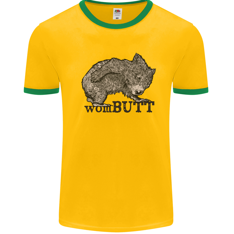 Wombutt Funny Wombat Mens White Ringer T-Shirt Gold/Green