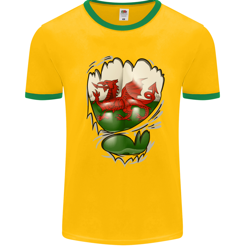 Gym The Welsh Flag Ripped Muscles Wales Mens White Ringer T-Shirt Gold/Green