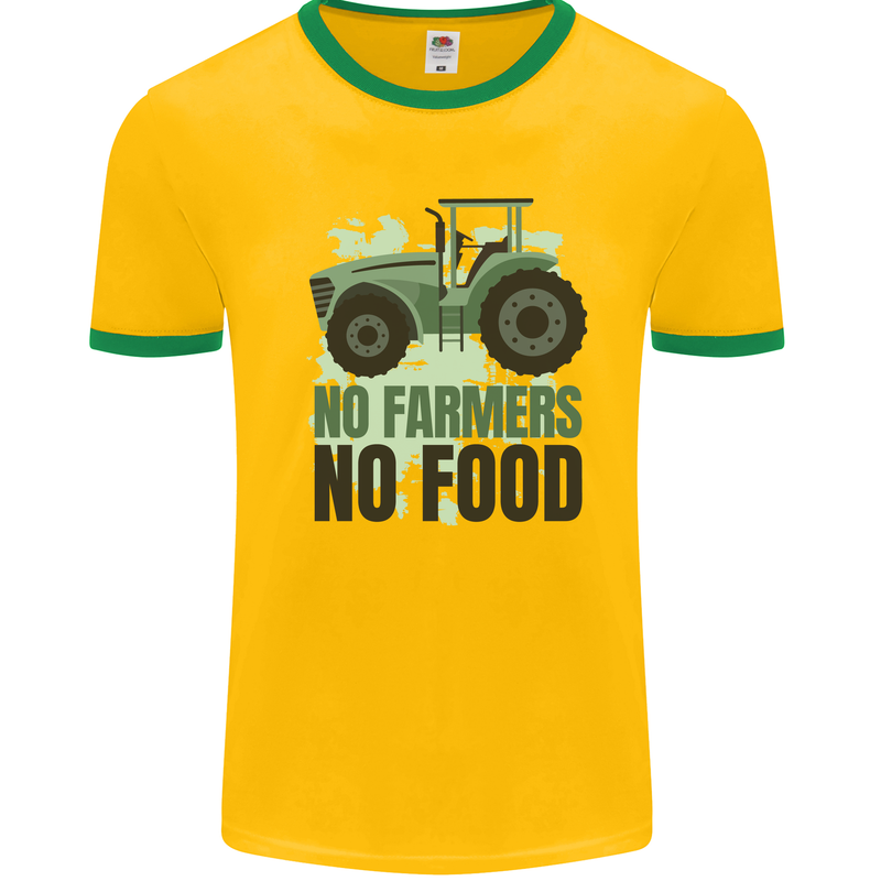 Tractor No Farmers No Food Farming Mens White Ringer T-Shirt Gold/Green