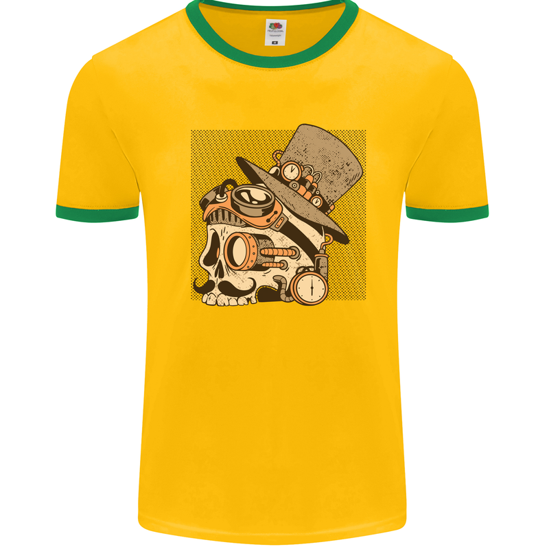 Steampunk Skull With Moustache Mens White Ringer T-Shirt Gold/Green