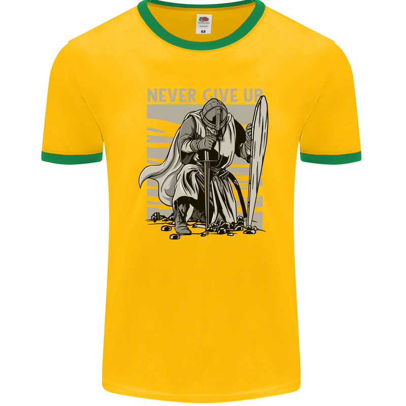 Teutonic Knight Never Give Up Crusader Gym Mens Ringer T-Shirt FotL Gold/Green