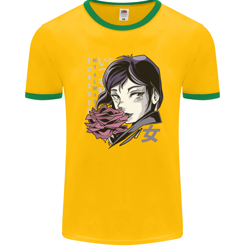 Anime Girl With Flowers Mens Ringer T-Shirt FotL Gold/Green