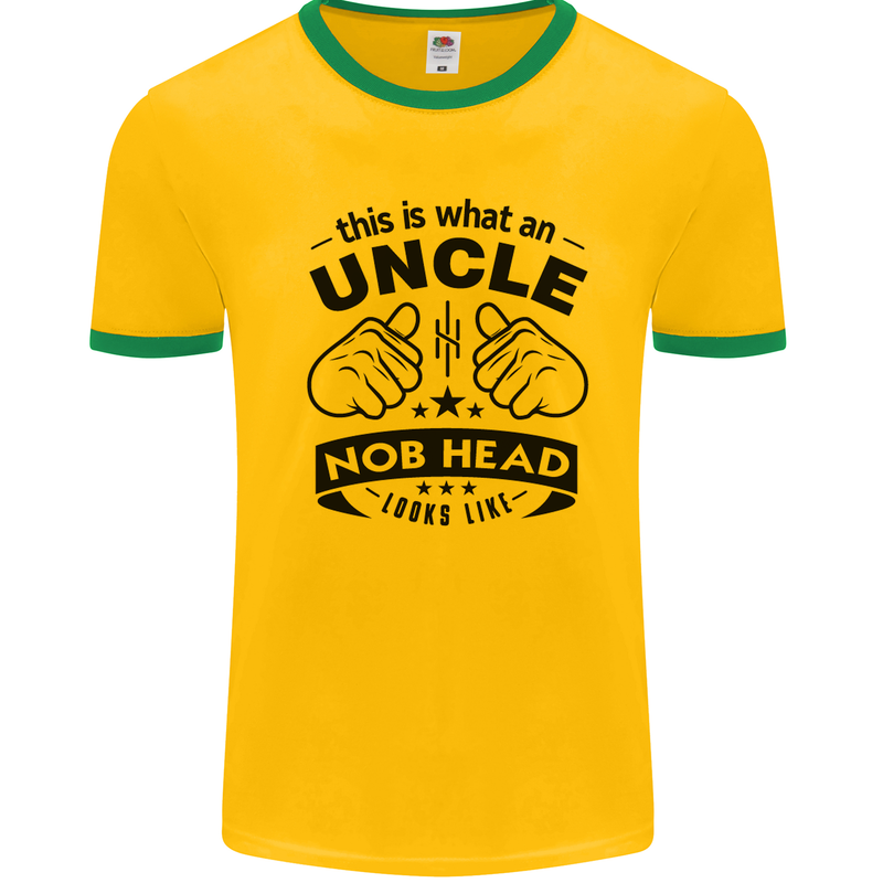 An Uncle Nob Head Looks Like Uncle's Day Mens White Ringer T-Shirt Gold/Green