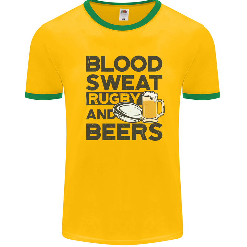 Blood Sweat Rugby and Beers Funny Mens White Ringer T-Shirt Gold/Green