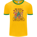 Gingerbread Man Merry Christmas Mens White Ringer T-Shirt Gold/Green